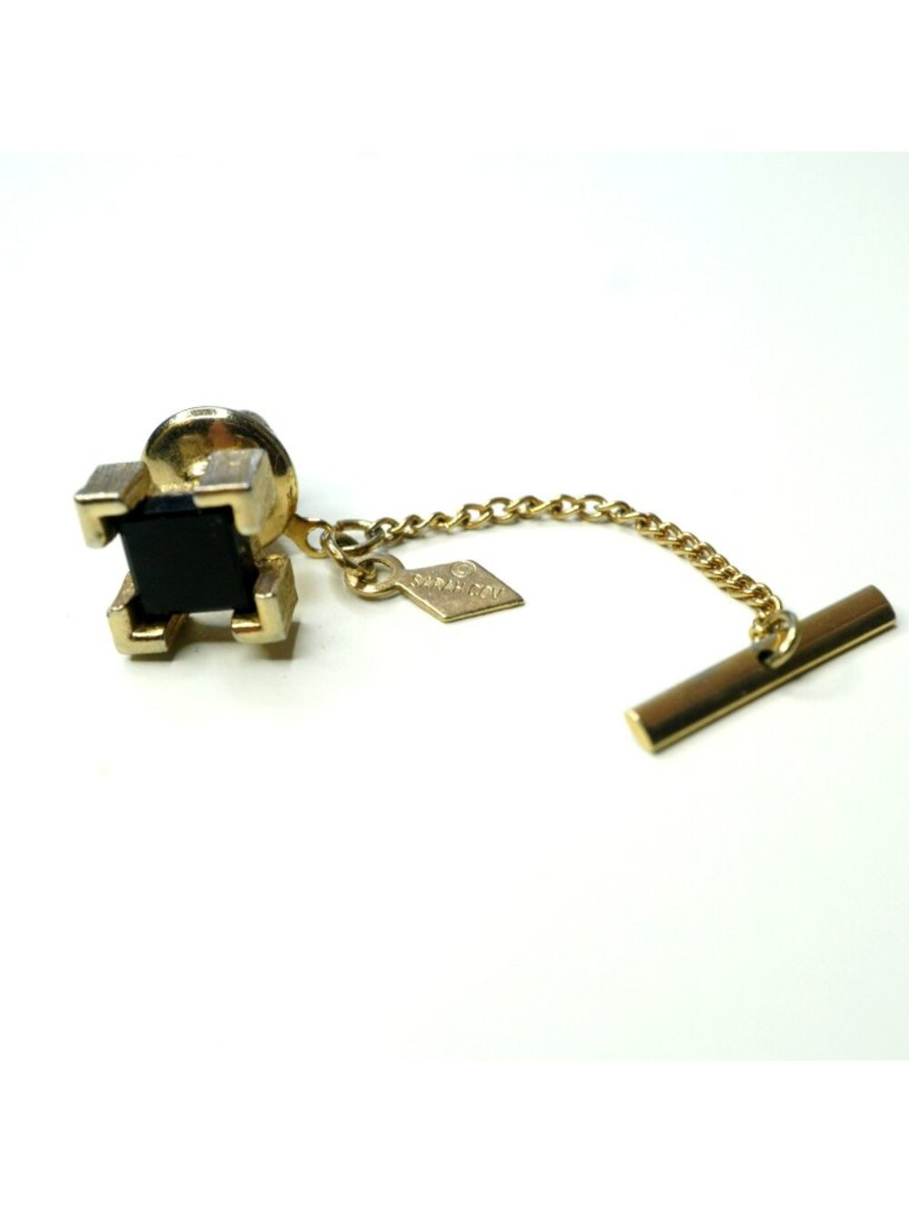 Vintage Sarah Coventry Black Onyx Gold Tone Square Tie Tack